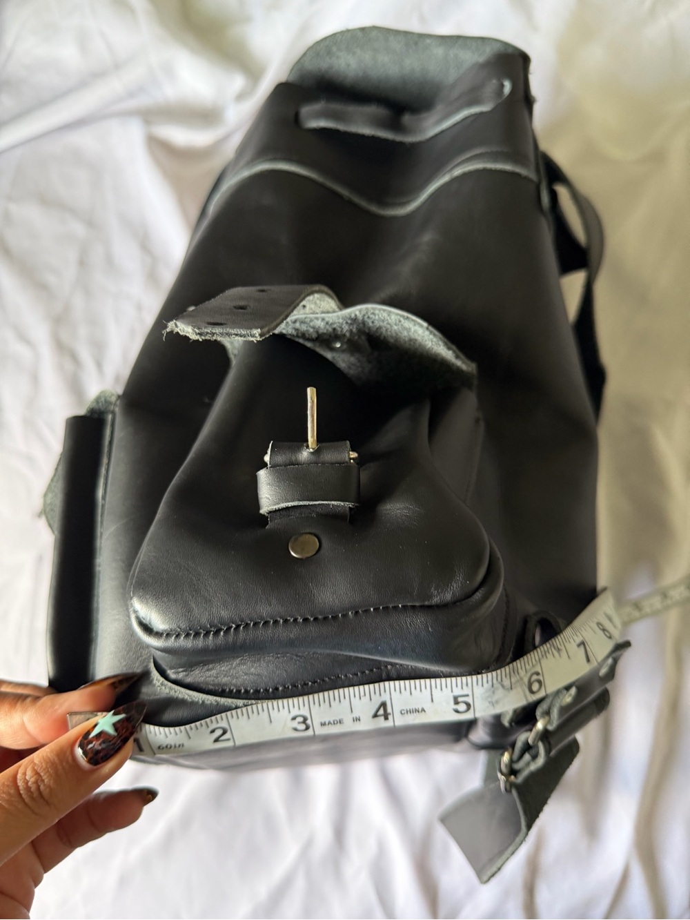 Black Leather Drawstring Backpack - Classic Utility Rucksack - Picture 9 of 9